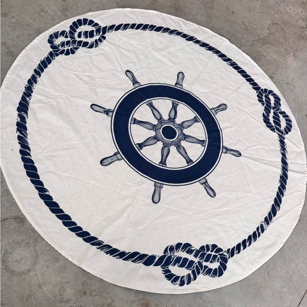 Nautical Round Table Cloth with Ship Wheel & Rope Design - Navy on White 53.5” - Picture 2 of 6